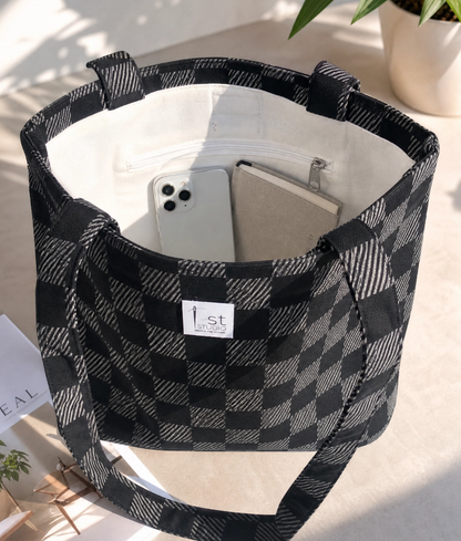 Black Chic Checkered Tote Bag 200 GSM cotton