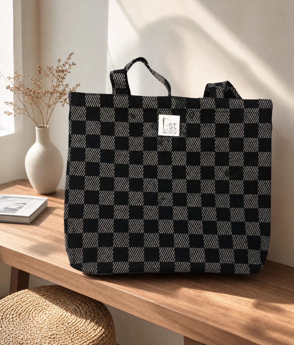 Black Chic Checkered Tote Bag 200 GSM cotton