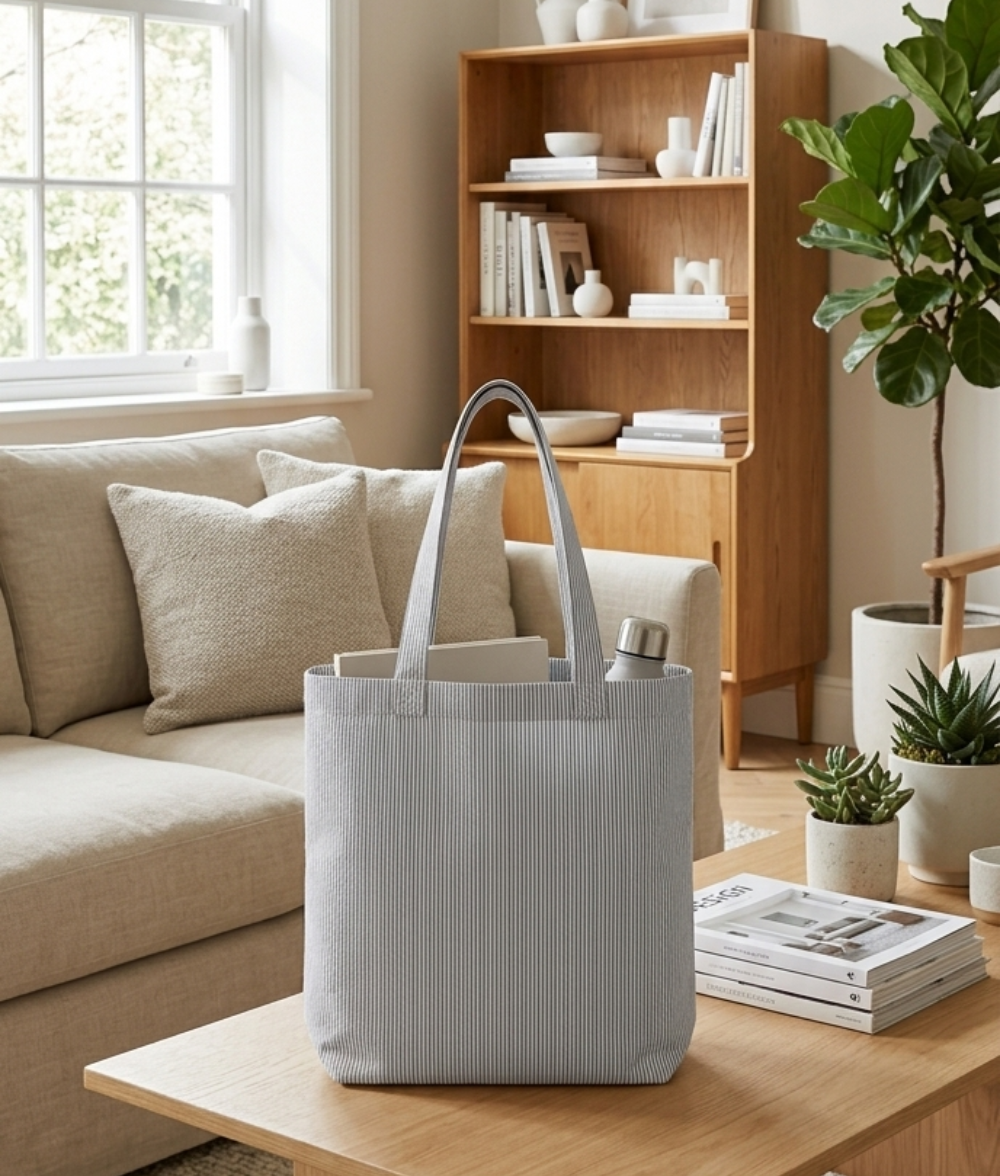 Soft Grey Pinstripe Cotton Tote Bag
