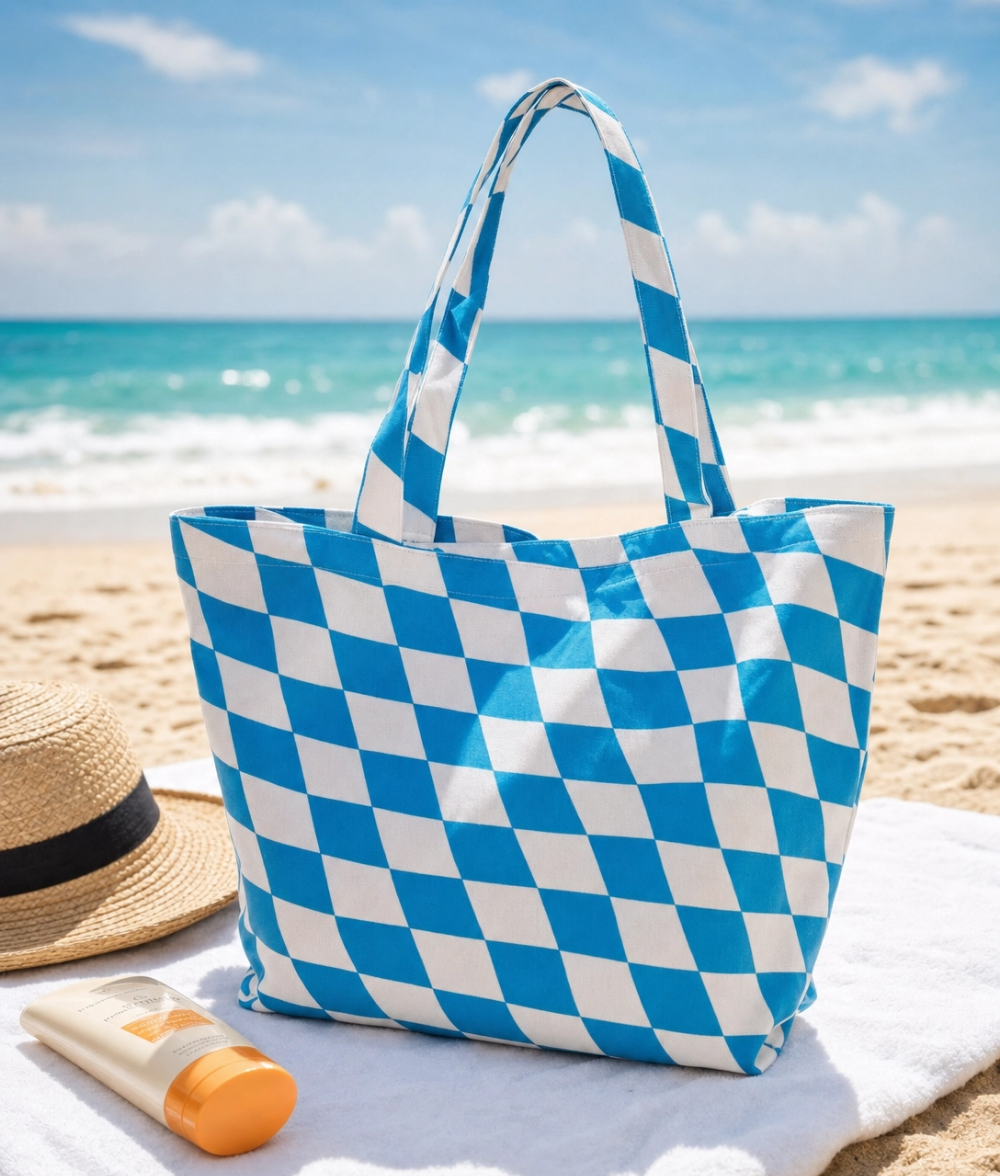 Premium Sky blue Checkered Cotton Tote Bag