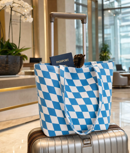 Premium Sky blue Checkered Cotton Tote Bag