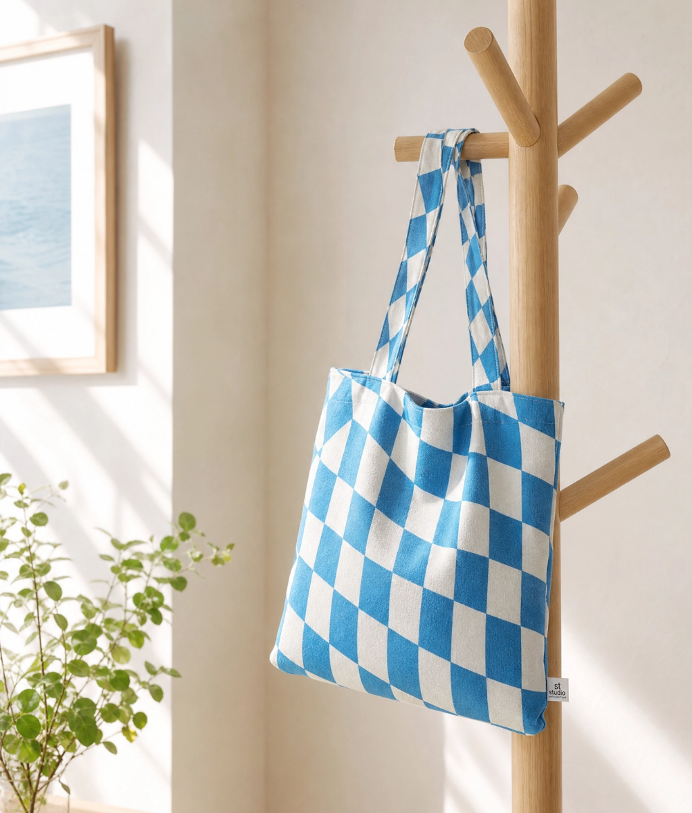 Premium Sky blue Checkered Cotton Tote Bag