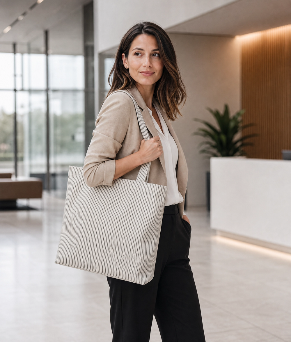 Premium Pinstripe Cotton Tote Bag
