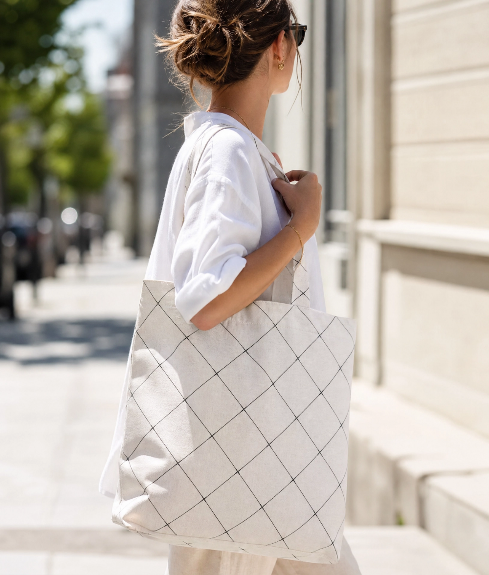 Premium Grid Pattern Cotton Tote Bag