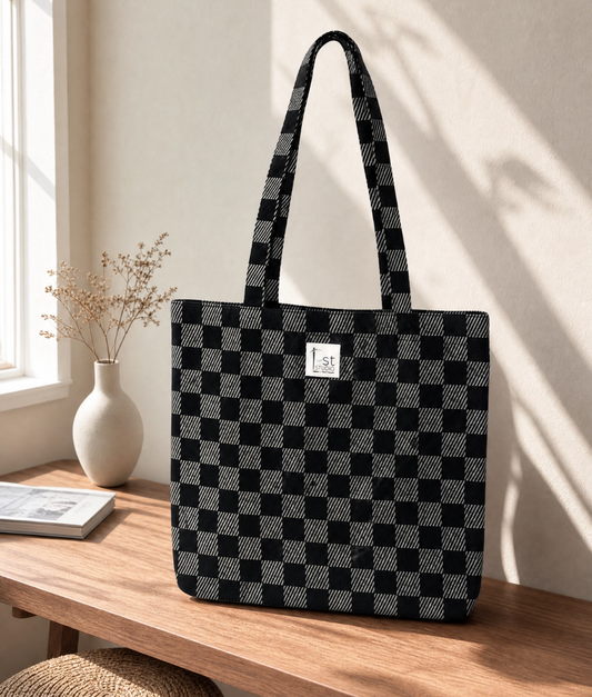 Black Chic Checkered Tote Bag 200 GSM cotton