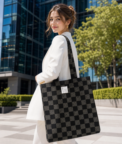 Black Chic Checkered Tote Bag 200 GSM cotton