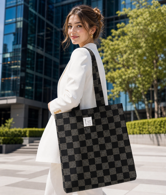 Black Chic Checkered Tote Bag 200 GSM cotton