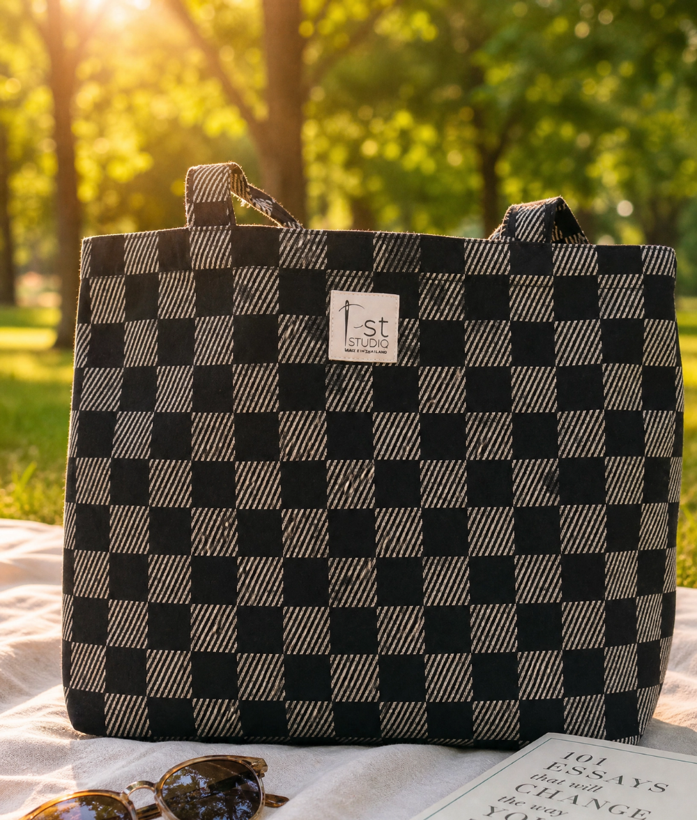 Black Chic Checkered Tote Bag 200 GSM cotton