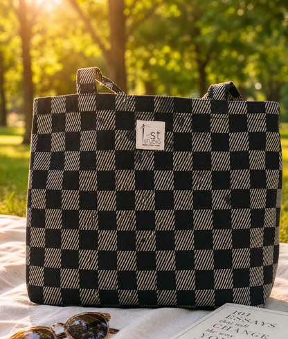 Black Chic Checkered Tote Bag 200 GSM cotton