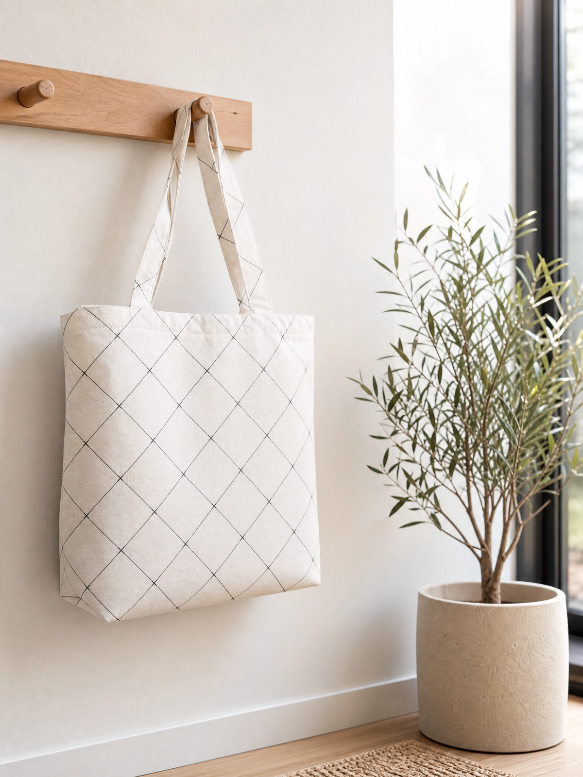 Premium Grid Pattern Cotton Tote Bag