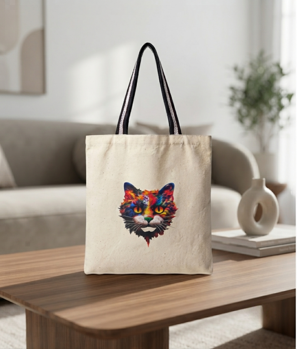 Vibrant Cat Art Canvas Tote Bag